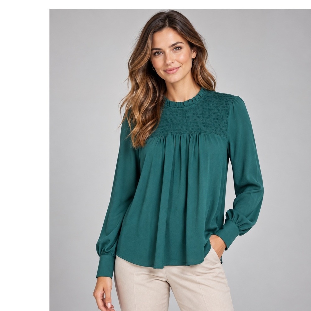Adrianna Papell Green Smocked Yoke Ruffle Mock Neck Long Sleeve Blouse L